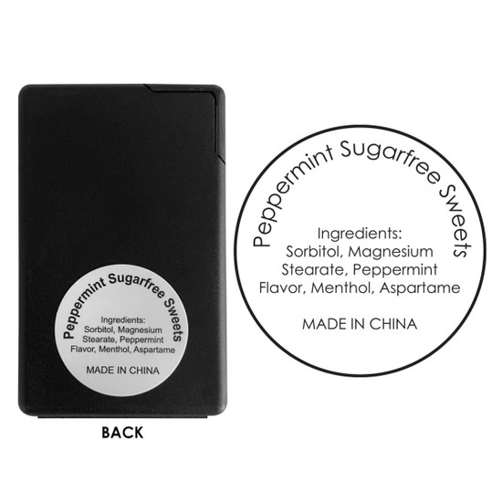 A black card containing sugar-free peppermint sweets with a round label listing ingredients.