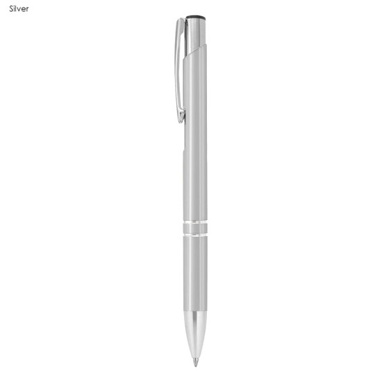 A shiny silver metal pen with a sleek design, featuring a clip and a branding logo.