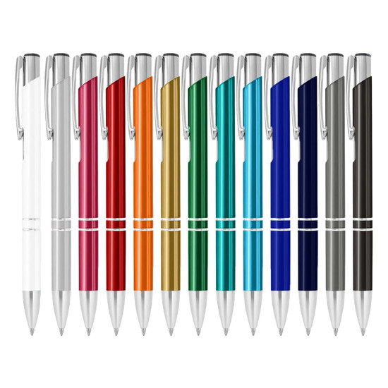 A collection of metal pens in various colours, including blue, green, red, and silver, with a shiny finish.