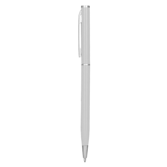 A metal pen in silver with a sleek design and a clip. It features a simple branding logo.