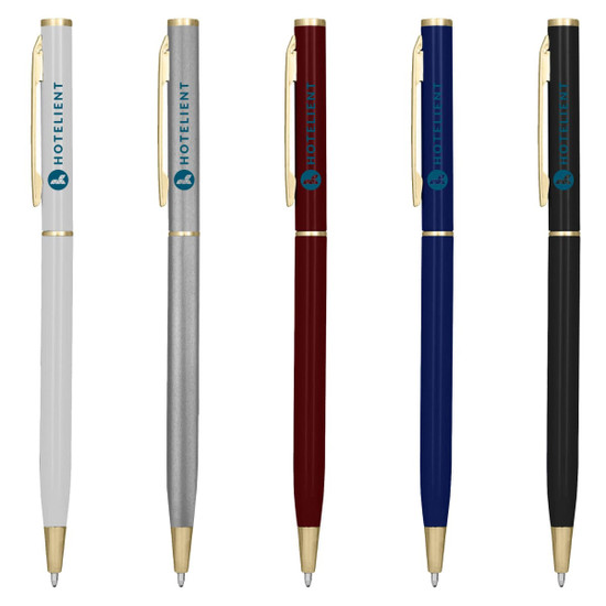 A selection of metal pens in white, silver, red, blue, and black, all featuring a logo.