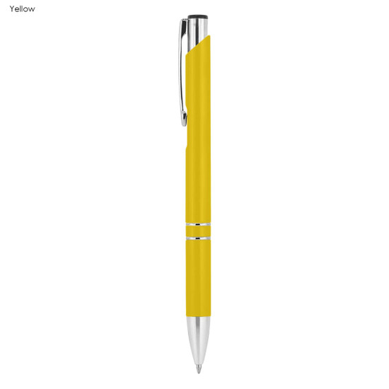 A yellow metal pen with a sleek design and chrome accents, featuring a branding logo.