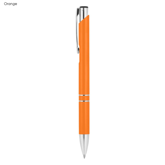 An orange metal pen with silver accents and a clip, featuring a branded logo.