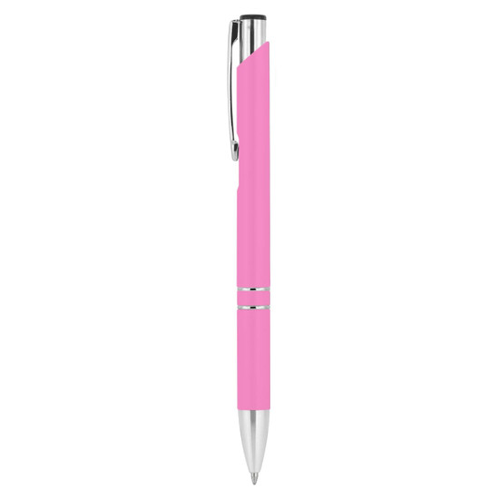 A pink rubberised metal pen with chrome accents and a clip, featuring a sleek design.