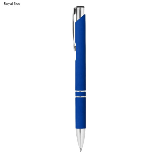 A metal pen in royal blue with a rubberised grip and silver accents, featuring a branding logo.