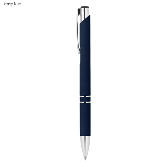 A navy blue metal pen with a rubberised grip and silver accents, featuring a branding logo.