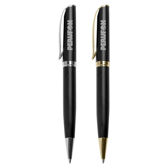 Two metal pens in black, one with a silver clip and the other with a gold clip, featuring branding.