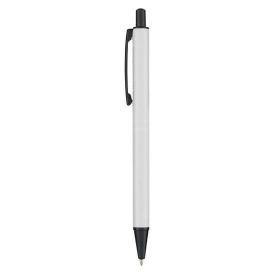 A metal pen in white with a black tip and cap, featuring a clip and branding.