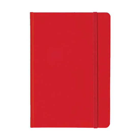 A5 red PU notebook with an elastic band closure and a smooth finish. It includes a logo on the cover.