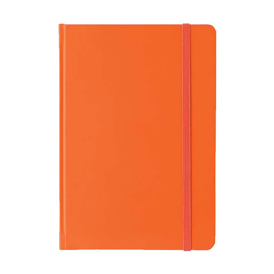 An orange A5 PU notebook with a pink elastic band closure and a smooth finish. It features a logo on the cover.