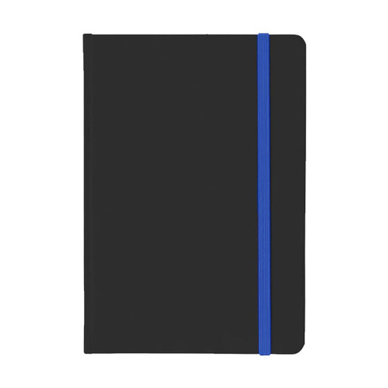 A5 PU notebook in black with a blue elastic band. Features a smooth cover and includes a logo.