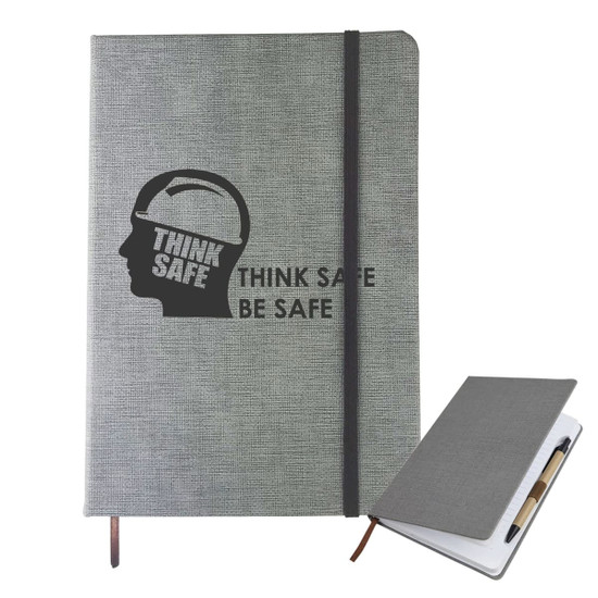 A5 textured grey PU notebook with an elastic closure and a pen, featuring a logo on the cover.