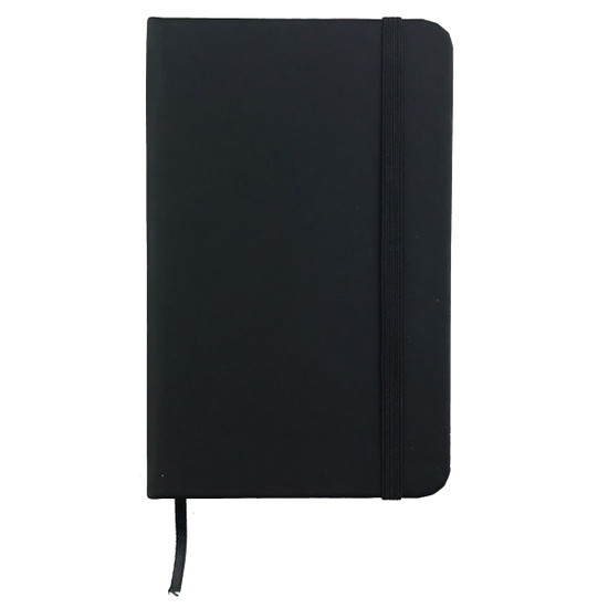 A6 Handy PU Notebook in black with an elastic closure and a ribbon bookmark, featuring a logo on the cover.