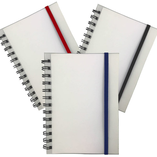 A collection of Launa B6 PP Notebooks featuring red, blue, and grey elastic bands and spiral bindings.