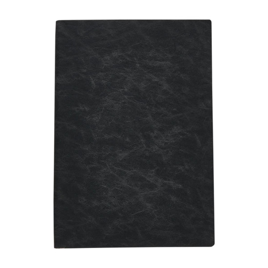 A black notebook featuring a textured cover with a minimalist design and a logo on the front.