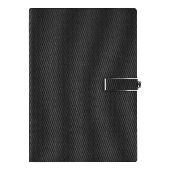 A black Century Notebook with a textured surface and a clasp closure. It features a logo on the cover.