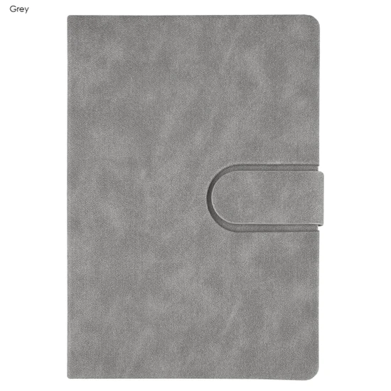 A grey notebook with a textured cover and a curved clasp closure, featuring a small logo.
