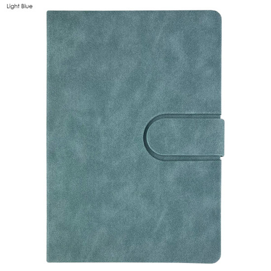A light blue notebook with a textured cover and a simple closure. It features a logo on the front.