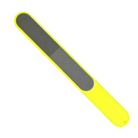 A yellow nail file with a textured grey filing surface. The product features a smooth handle and has a logo.