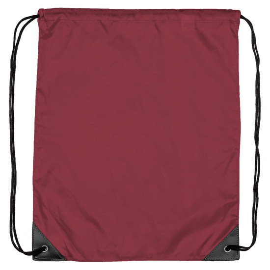 A maroon drawstring bag with black corners and a simple design, featuring a logo.