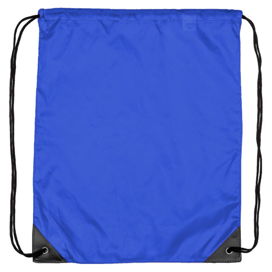 A blue nylon backsack featuring black corners and drawstring closure. It has a logo on the surface.