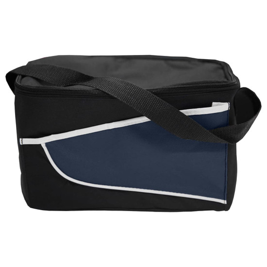 A black and navy blue nylon cooler bag with a zip closure and an adjustable shoulder strap. It features a white trim and a logo.