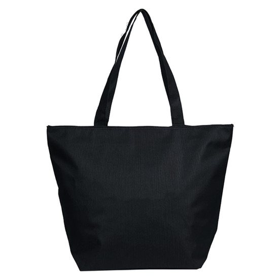 A large black tote bag with dual handles and a simple design. It features a branding logo.