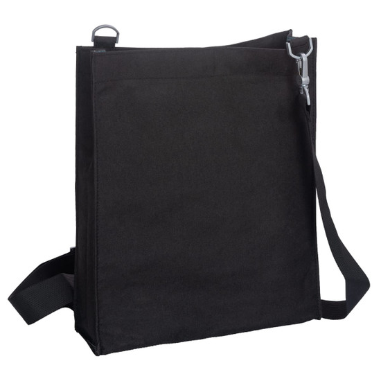 A black nylon library bag with a shoulder strap and a silver clip, featuring a simple design.