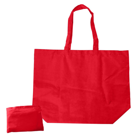 A red nylon foldaway shopping bag, displayed alongside its compact, folded version. Features shoulder straps and a logo.