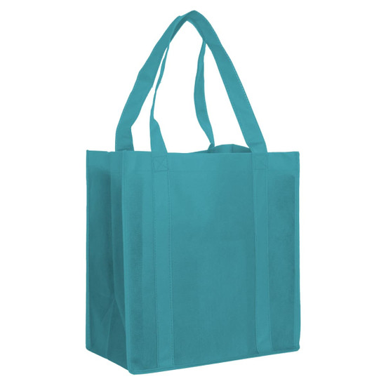 A turquoise non-woven shopping bag with sturdy handles and a simple design, suitable for reusable grocery shopping.