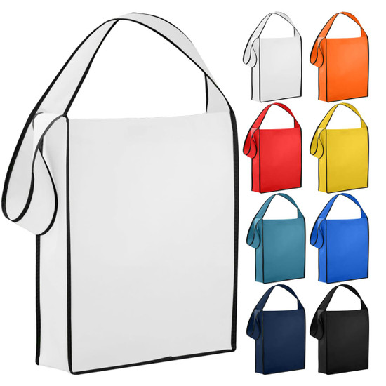 A non-woven sling bag in various colours including white, orange, red, yellow, blue, teal, and navy, with contrasting black trim.