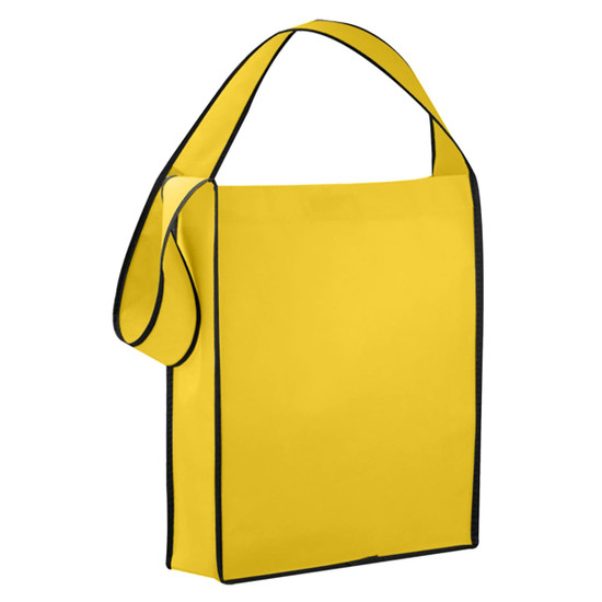 A yellow non-woven sling bag with black trim and a single shoulder strap. It features a simple design and branding.