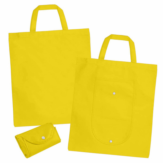 A yellow non-woven foldable shopping bag set featuring two bags and a compact pouch for storage.