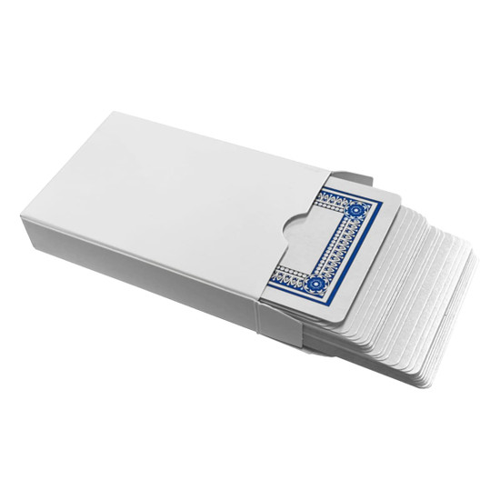 A set of classic playing cards in a white box, featuring blue designs on the cards. The box is partially open.