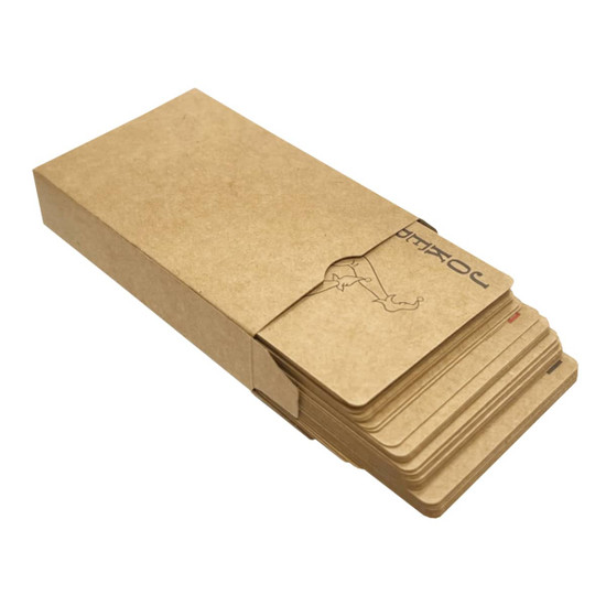 A set of eco-friendly recycled playing cards in a kraft paper box, featuring a simple design and natural colours.