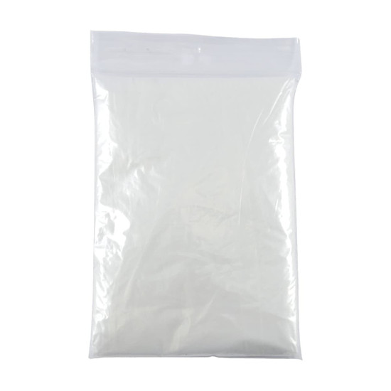 A clear plastic bag containing a lightweight, transparent poncho. The bag has a zip closure and is unmarked.