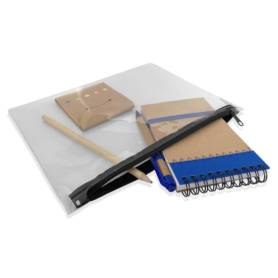 A transparent pencil case containing a notebook, sticky notes, a pen, and a pencil in various colours.