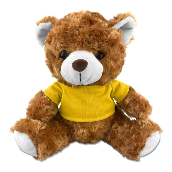 A plush teddy bear in brown fur, wearing a yellow shirt, sitting with its arms and legs outstretched.