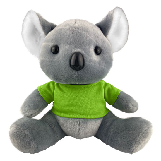 A grey koala plush toy wearing a green shirt, featuring large black eyes and soft, plush fur.