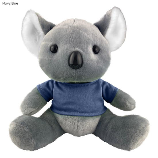 A grey koala plush toy wearing a navy blue shirt, with large ears and a cute expression, featuring a logo.