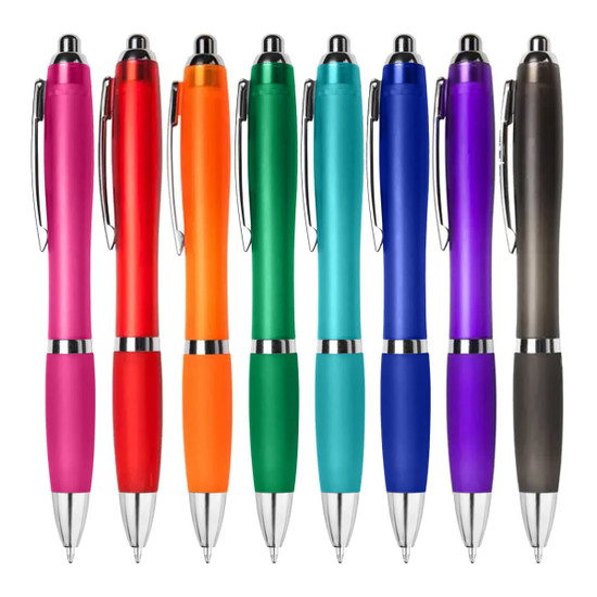 A collection of eight plastic pens in pink, red, orange, green, blue, purple, and black, each with a silver accent and branding.