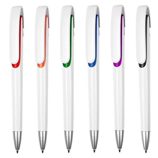 A set of six plastic pens with white bodies and coloured clips in orange, green, blue, purple, and black.