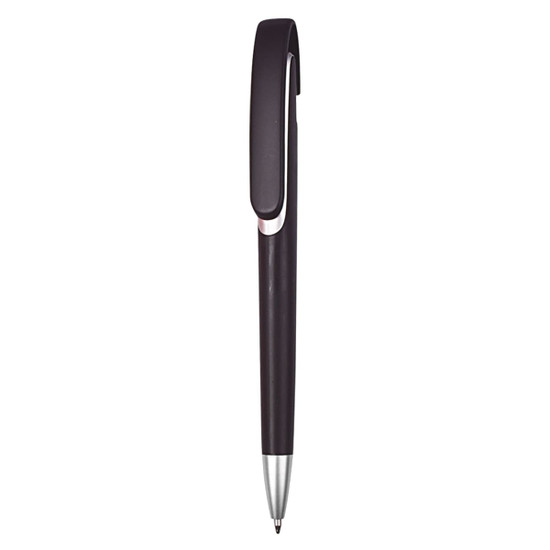 A plastic pen in a dark purple colour with a silver clip and a sleek design. Features a logo on the clip.