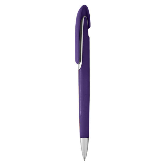 A plastic pen in purple with a sleek design and silver accents, featuring a logo on the body.