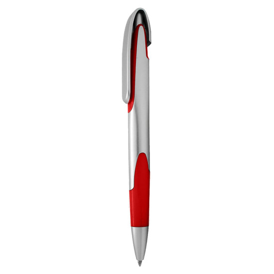 A plastic pen with a sleek silver body and red accents, featuring a clip and a logo.