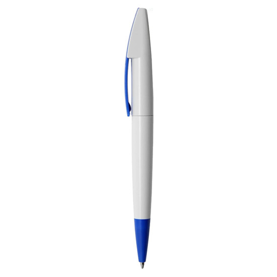 A plastic pen featuring a white barrel and blue accents, complete with a logo.
