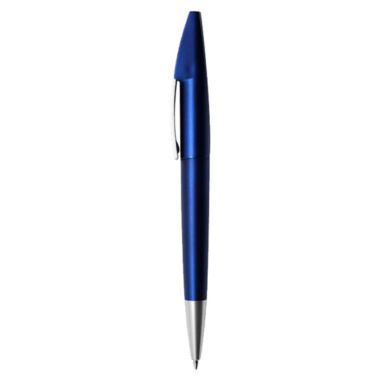 A blue metallic pen with a silver clip, featuring a sleek design and a logo.