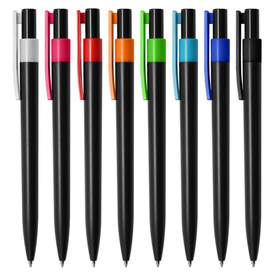 A collection of black plastic pens with various coloured clips in white, pink, orange, green, blue, and black.