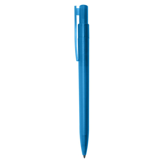 A blue plastic pen with a clip and a transparent design. Features branding on the pen.