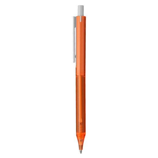 An orange plastic pen with a silver clip and a visible ink tip at the bottom.